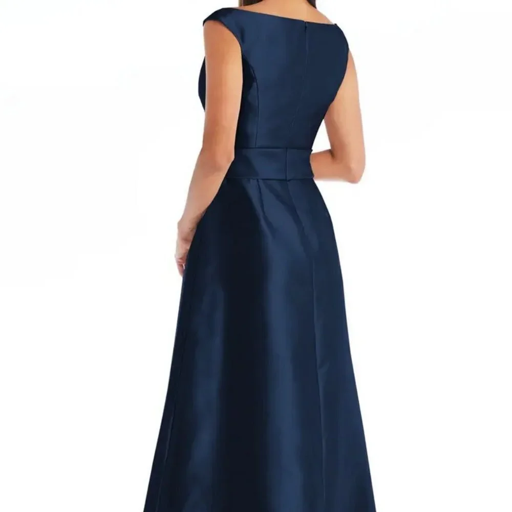 Alfred Sung Midnight Blue Off the Shoulder Satin Gown D811s - Picture 3 of 4